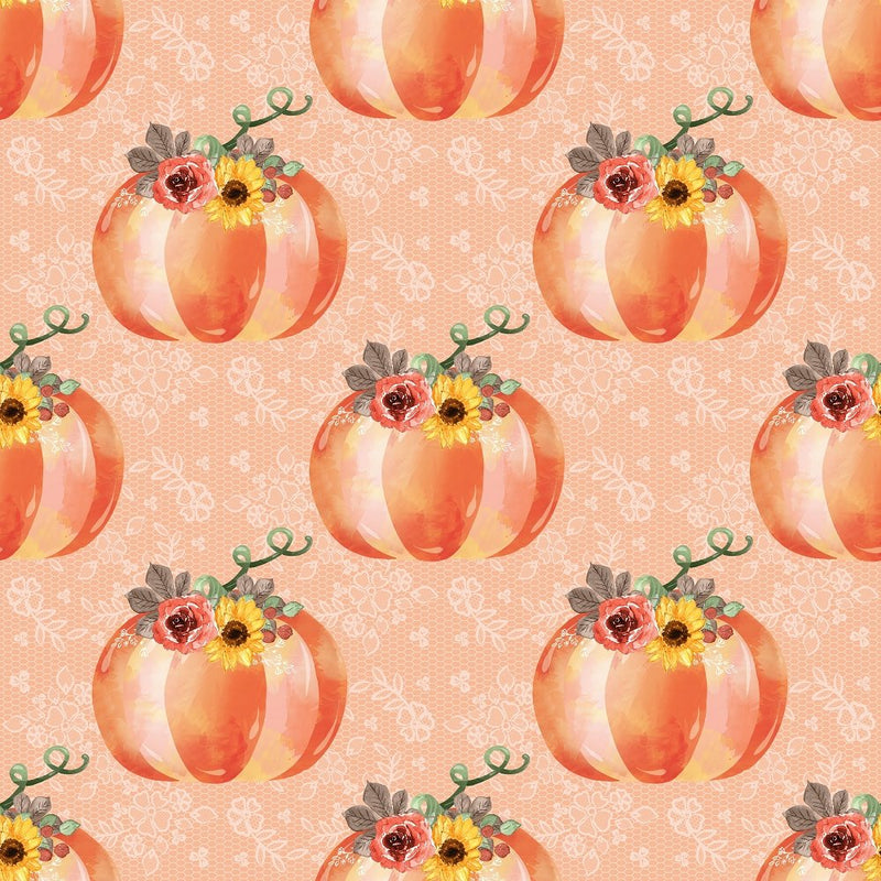 Autumn Pumpkins & Lace Fabric - Orange - ineedfabric.com