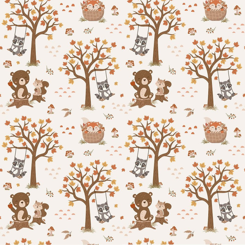 Autumn Woodland Animals Scene Fabric - ineedfabric.com