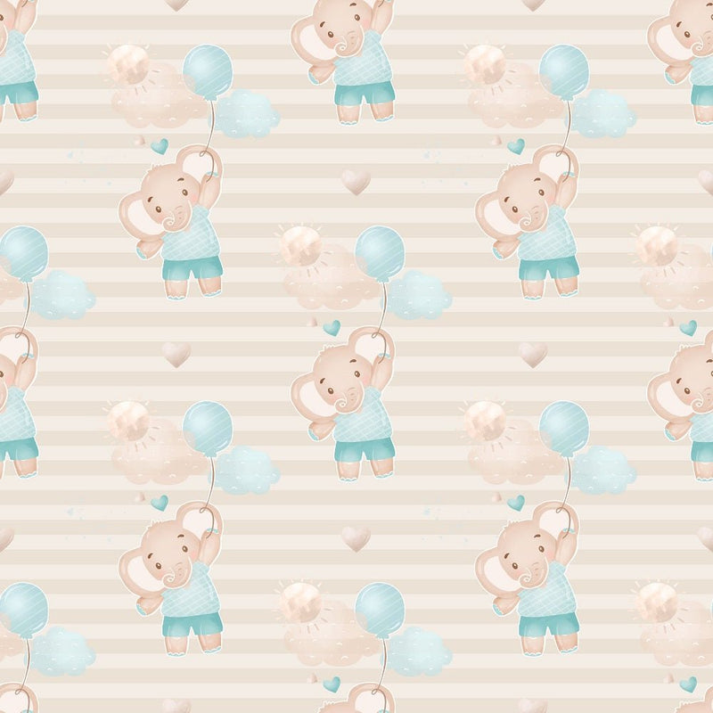 Baby Boy Elephant On Stripes Fabric - Tan - ineedfabric.com