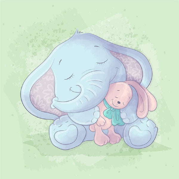 Baby Elephant With Rabbit Toy Fabric Panel - Green - ineedfabric.com