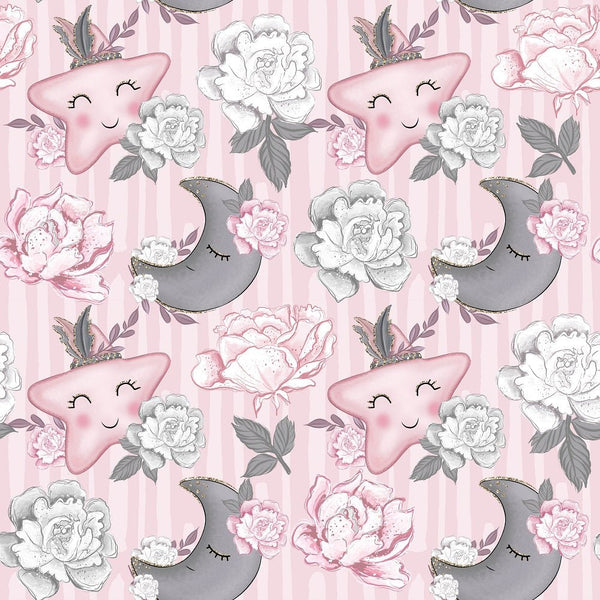 Baby Girl Stars and Moon Fabric - Pink - ineedfabric.com