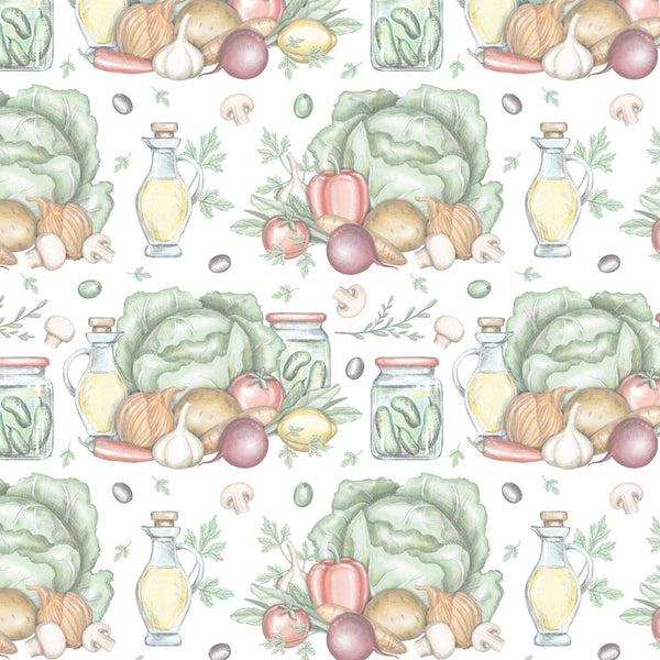 Batch Of Vegetables In The Kitchen Fabric - White - ineedfabric.com
