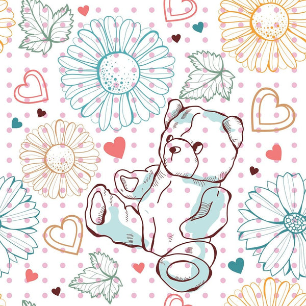 Bear & Flowers on Dots Fabric - ineedfabric.com