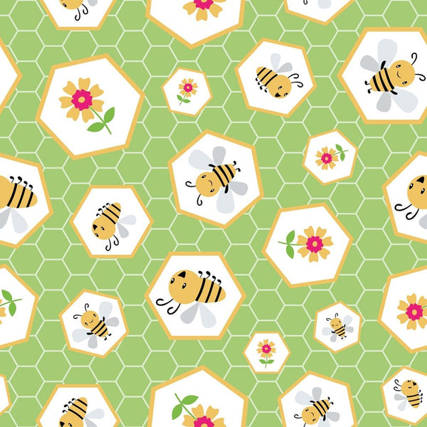 Bees and Flowers in Hexagons Fabric - ineedfabric.com