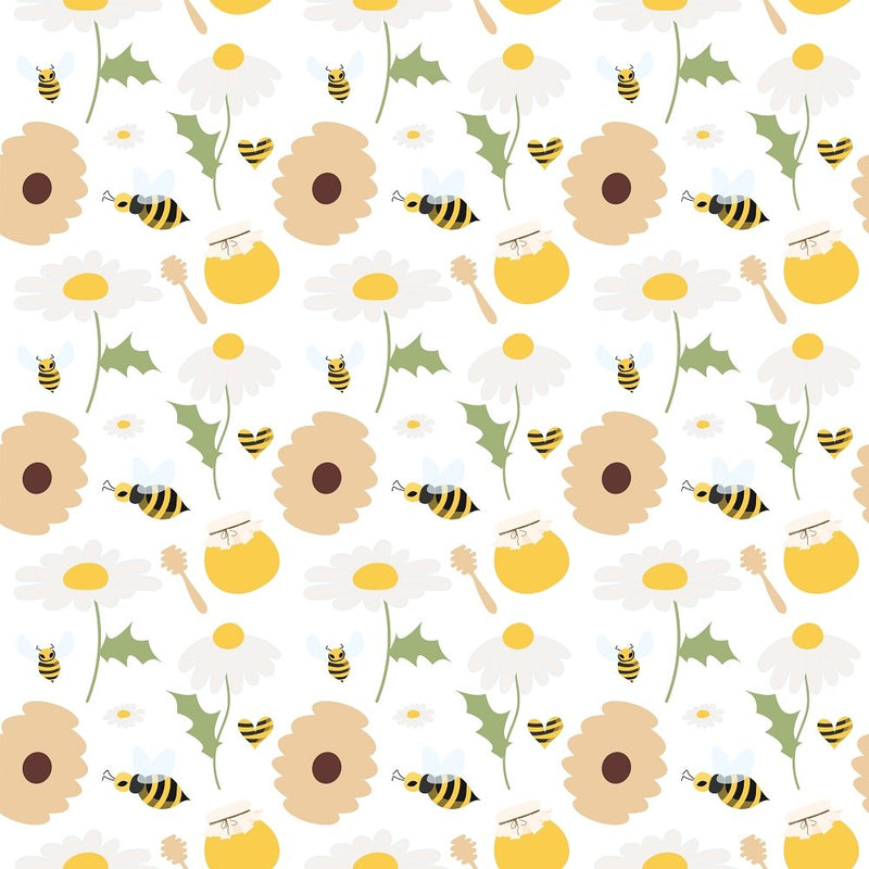 Bees, Hives and Daisies Fabric - White - ineedfabric.com