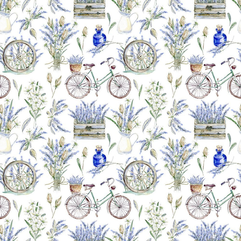 Bicycle & Lavender Flowers Fabric - White - ineedfabric.com