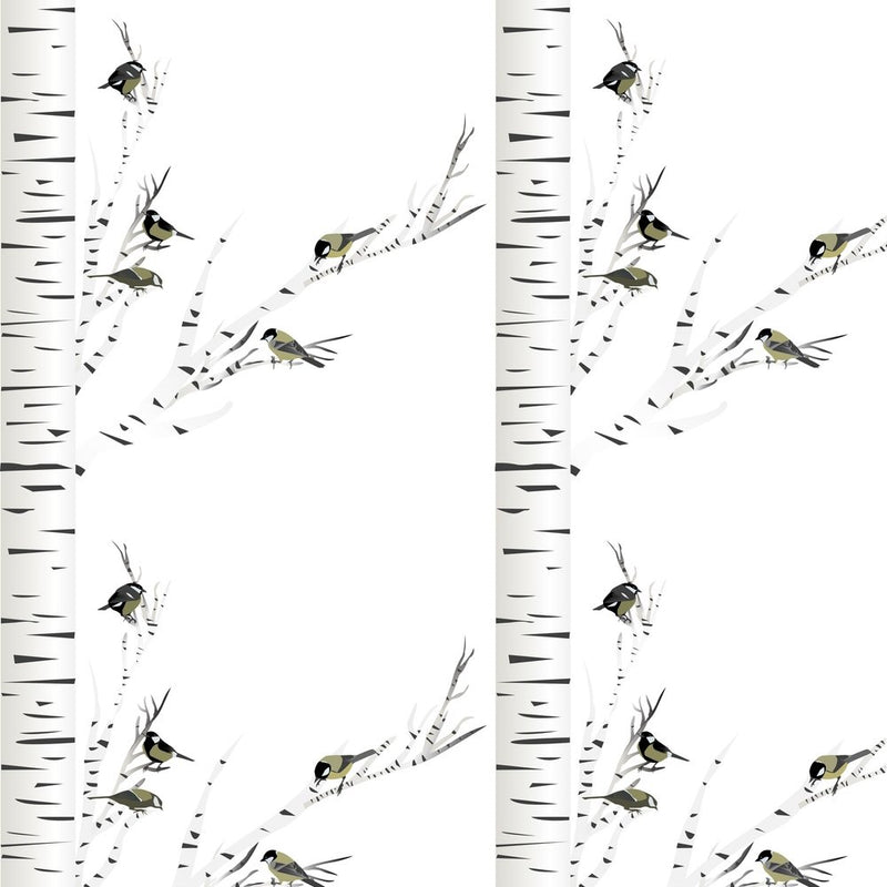 Birch Trees & Birds Fabric - White - ineedfabric.com