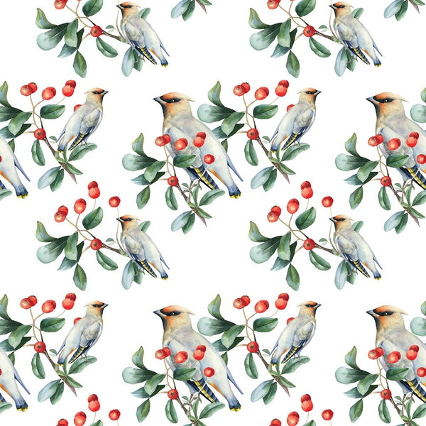 Bird on Holly Berry Branch Fabric - White - ineedfabric.com