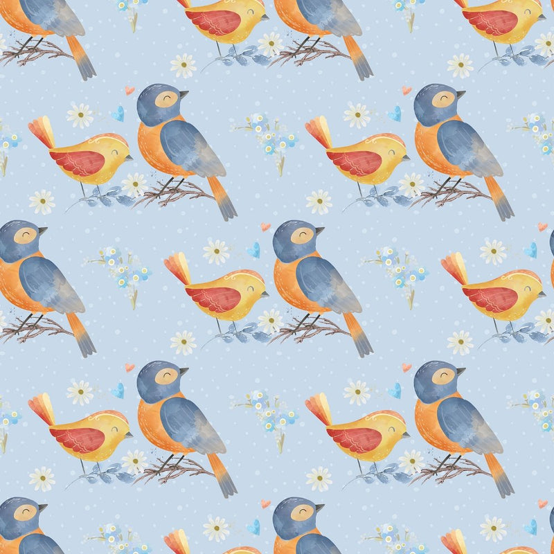 Birds & Flowers Fabric - Blue - ineedfabric.com