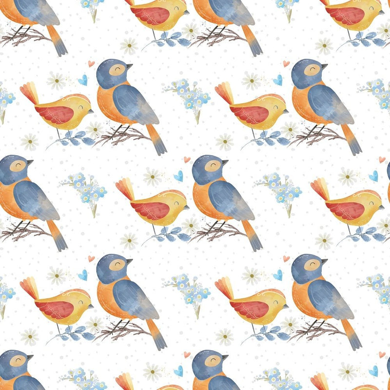 Birds & Flowers Fabric - White - ineedfabric.com