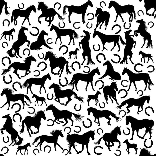 Black Horse and Horse Shoe Silhouettes Fabric - ineedfabric.com