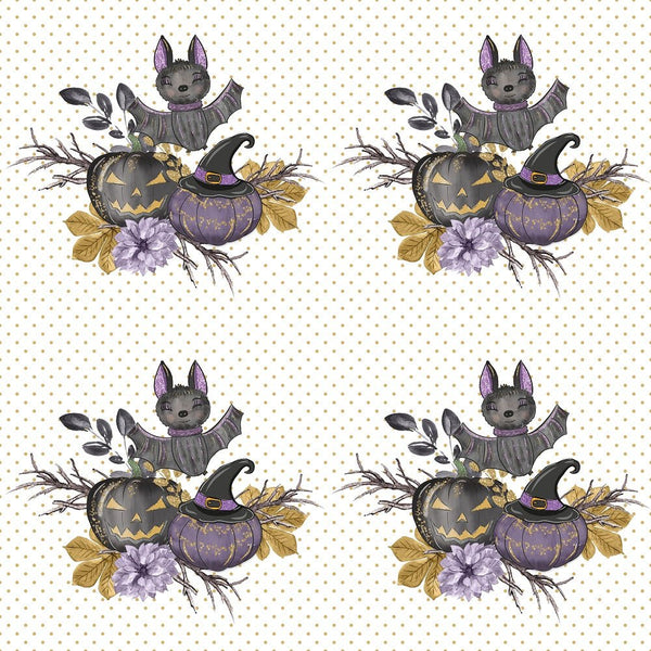 Black Pumpkins Bouquet Gold Dots Fabric - White - ineedfabric.com
