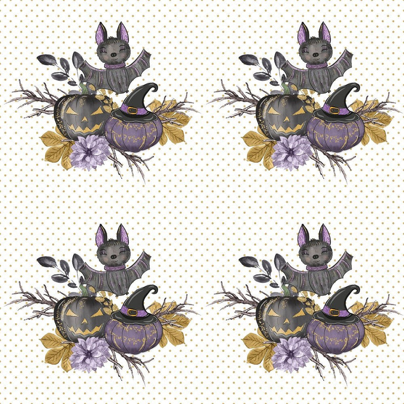 Black Pumpkins Bouquet Gold Dots Fabric - White - ineedfabric.com