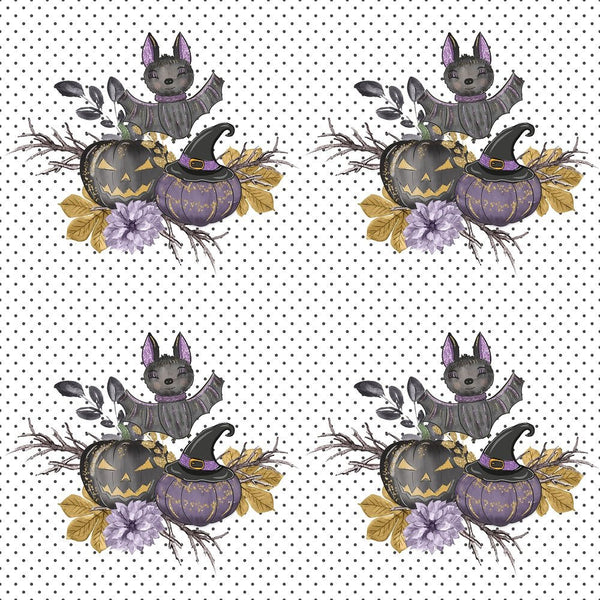 Black Pumpkins Bouquet Gray Dots Fabric - White - ineedfabric.com