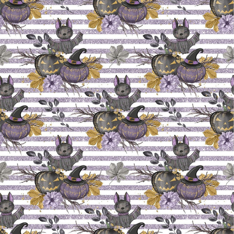 Black Pumpkins Bouquet Purple Stripes Fabric - White - ineedfabric.com