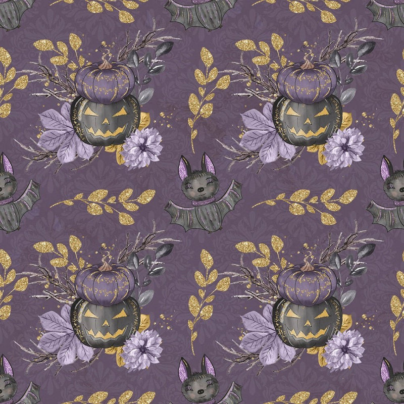 Black Pumpkins Damask Fabric - Purple - ineedfabric.com