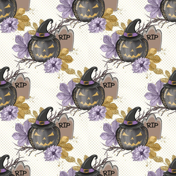 Black Pumpkins on Gold Dots Fabric - White - ineedfabric.com