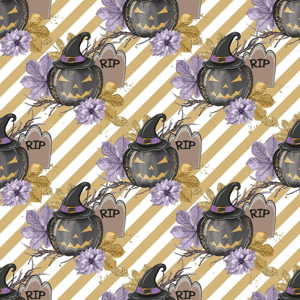 Black Pumpkins on Gold Stripes Fabric - White - ineedfabric.com