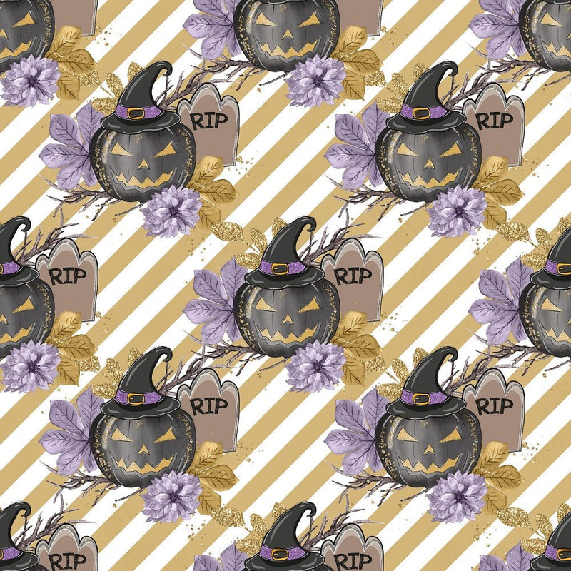 Black Pumpkins on Gold Stripes Fabric - White - ineedfabric.com