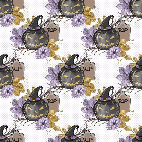 Black Pumpkins on Purple Dots Fabric - White - ineedfabric.com