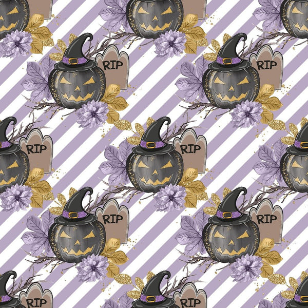 Black Pumpkins on Purple Stripes Fabric - White - ineedfabric.com