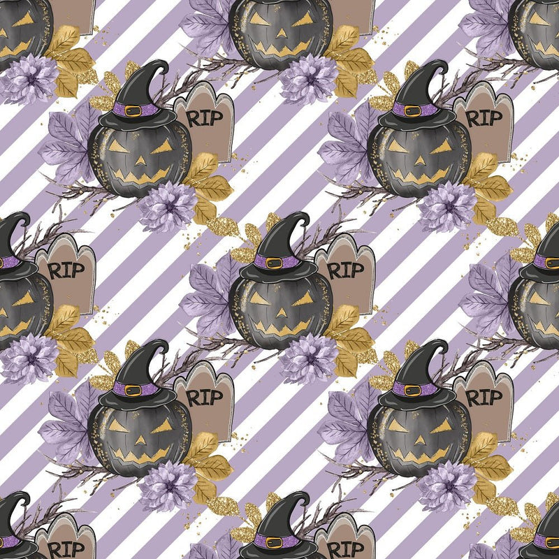Black Pumpkins on Purple Stripes Fabric - White - ineedfabric.com