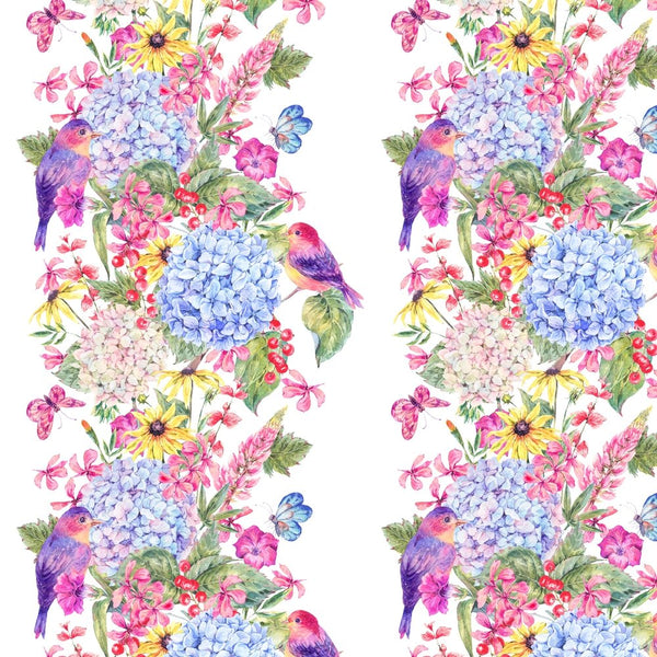 Blooming Hydrangeas & Birds Fabric - Multi - ineedfabric.com