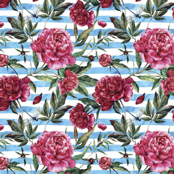 Blooming Peonies On Stripes Fabric - Blue/Pink - ineedfabric.com
