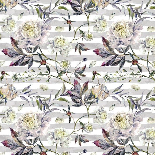 Blooming Peonies On Stripes Fabric - Gray - ineedfabric.com