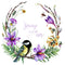 Blooming Spring Flower Wreath & Bird Fabric Panel - White - ineedfabric.com