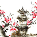 Blossom Sakura and Pagoda Building Fabric Panel - ineedfabric.com