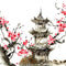 Blossom Sakura and Pagoda Building Fabric Panel - ineedfabric.com