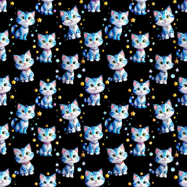 Blue Cartoon Kitten & Stars Fabric - ineedfabric.com