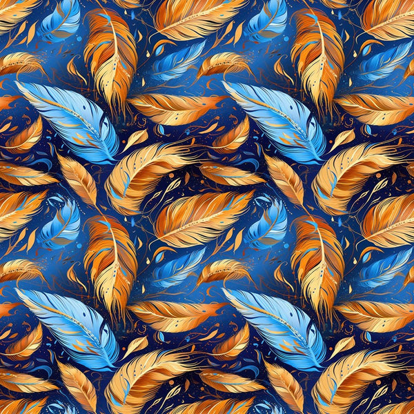 Blue & Gold Feather Fabric - ineedfabric.com