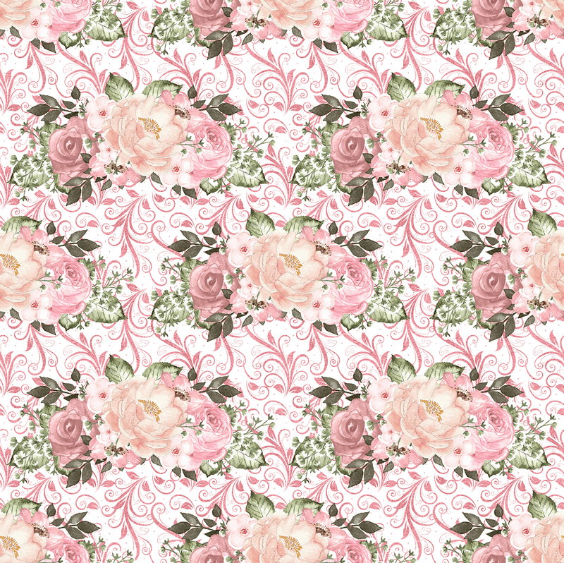 Blush Bouquets & Filigree Fabric - Pink/White - ineedfabric.com
