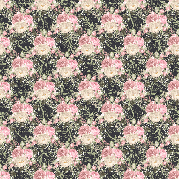 Blush Bouquets & Leaves Fabric - Black - ineedfabric.com