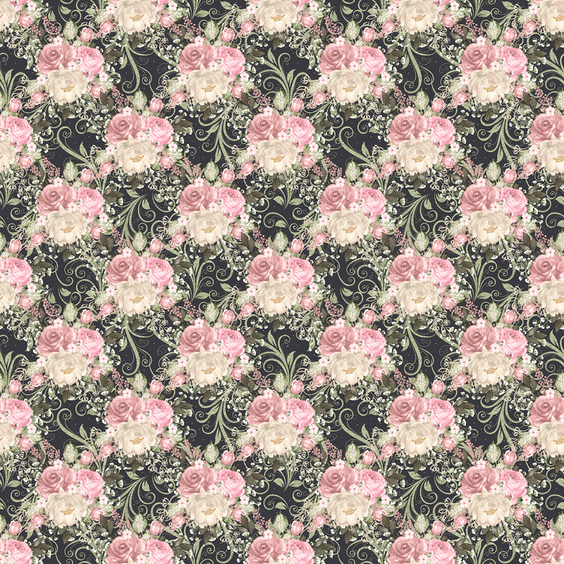 Blush Bouquets & Leaves Fabric - Black - ineedfabric.com