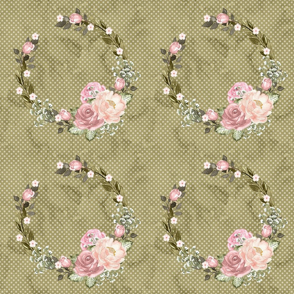 Blush Floral Wreath Fabric - Green - ineedfabric.com