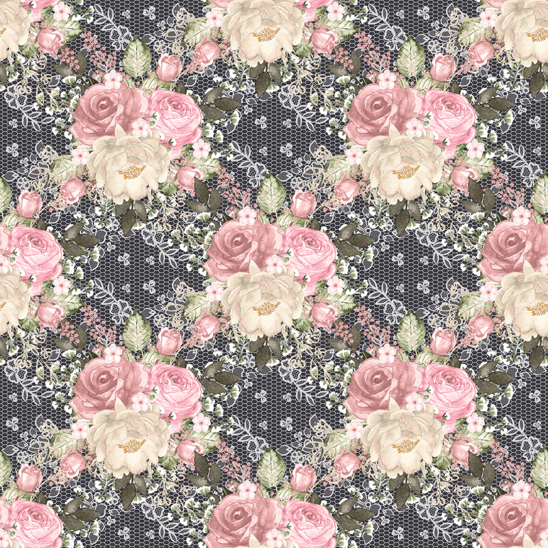 Blush Rose Bouquets & Lace Fabric - Black - ineedfabric.com