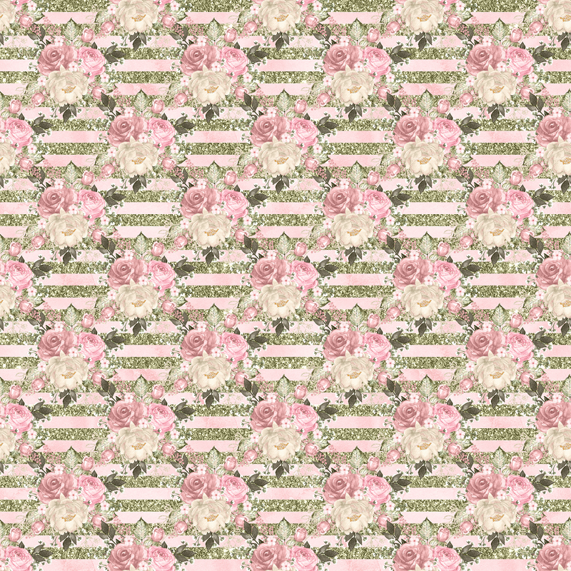 Blush Rose Bouquets & Stripes Fabric - Green - ineedfabric.com