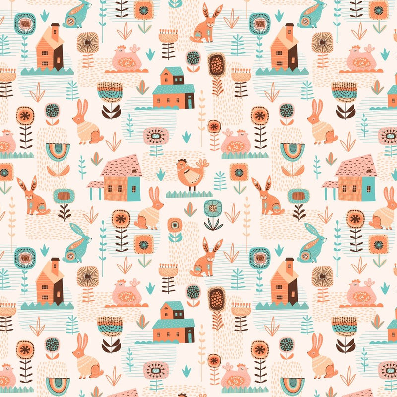 Boho Easter Folk Farm Fabric - Cream - ineedfabric.com