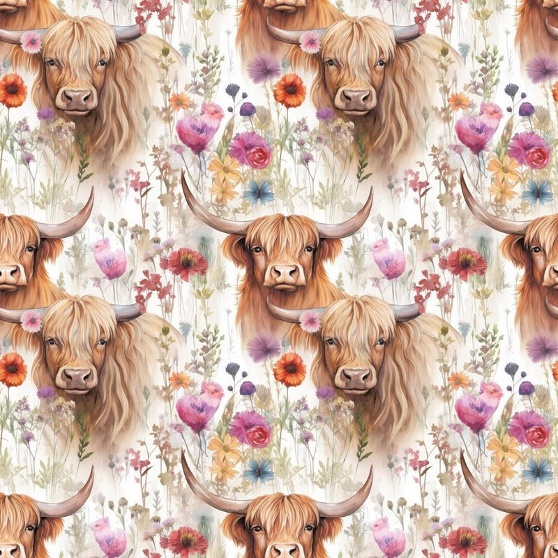 Boho Highland Cows 1 Fabric - ineedfabric.com