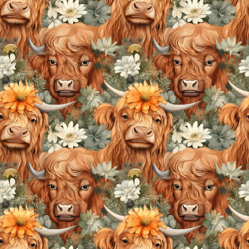 Boho Highland Cows 18 Fabric - ineedfabric.com