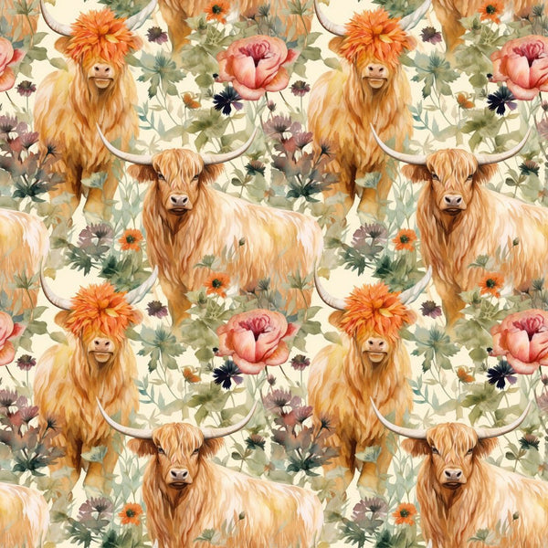 Boho Highland Cows 3 Fabric - ineedfabric.com