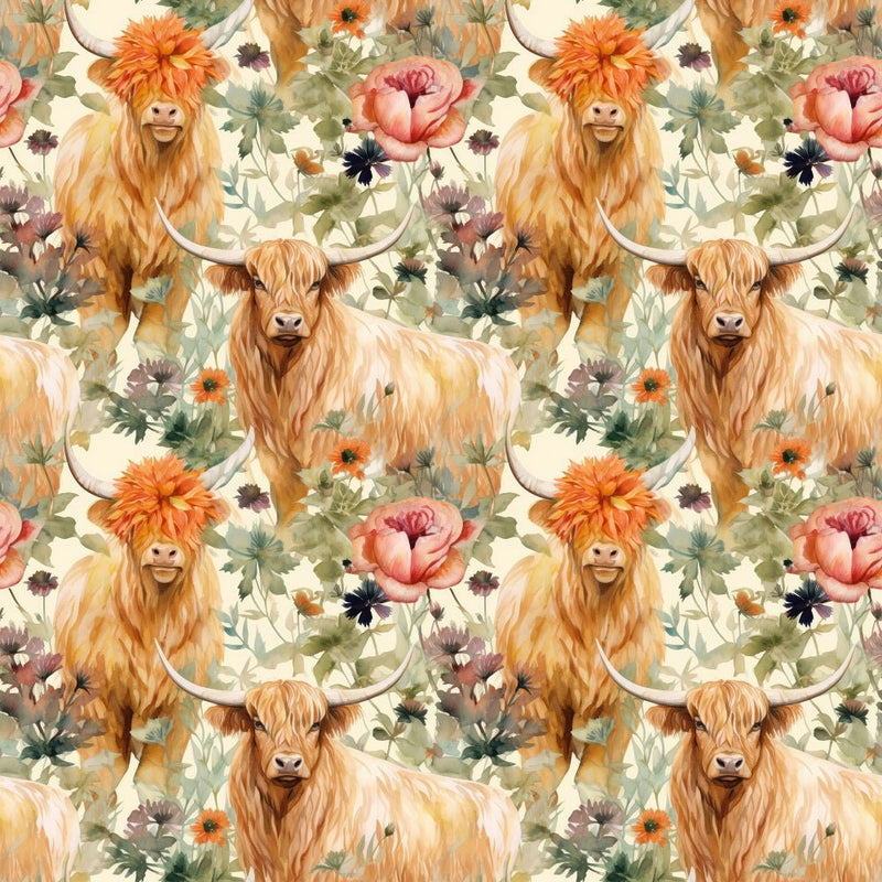 Boho Highland Cows 3 Fabric - ineedfabric.com