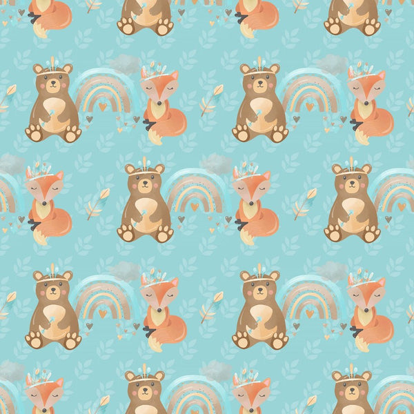 Boho Woodland Bears and Foxes Fabric - Blue - ineedfabric.com