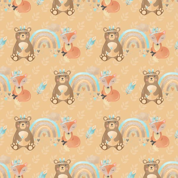 Boho Woodland Bears and Foxes Fabric - Tan - ineedfabric.com