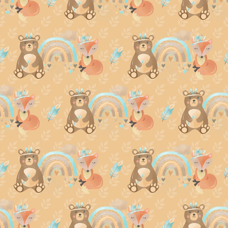 Boho Woodland Bears and Foxes Fabric - Tan - ineedfabric.com