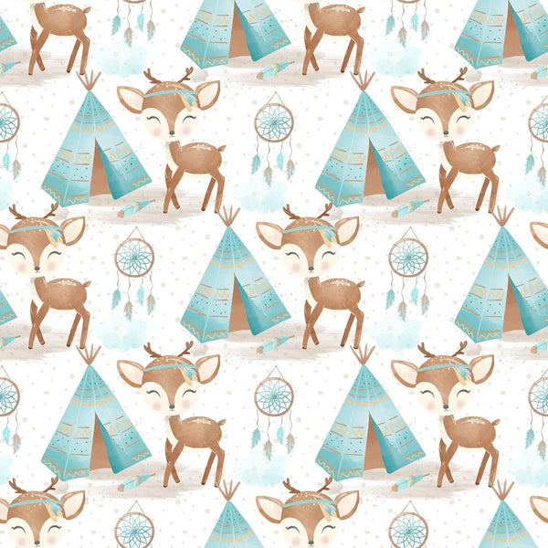 Boho Woodland Deer Fabric - White - ineedfabric.com