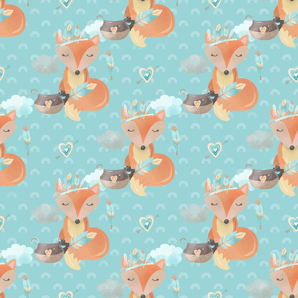 Boho Woodland Foxes Fabric - Blue - ineedfabric.com